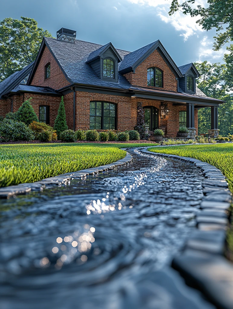 红砖房前洒水场景
