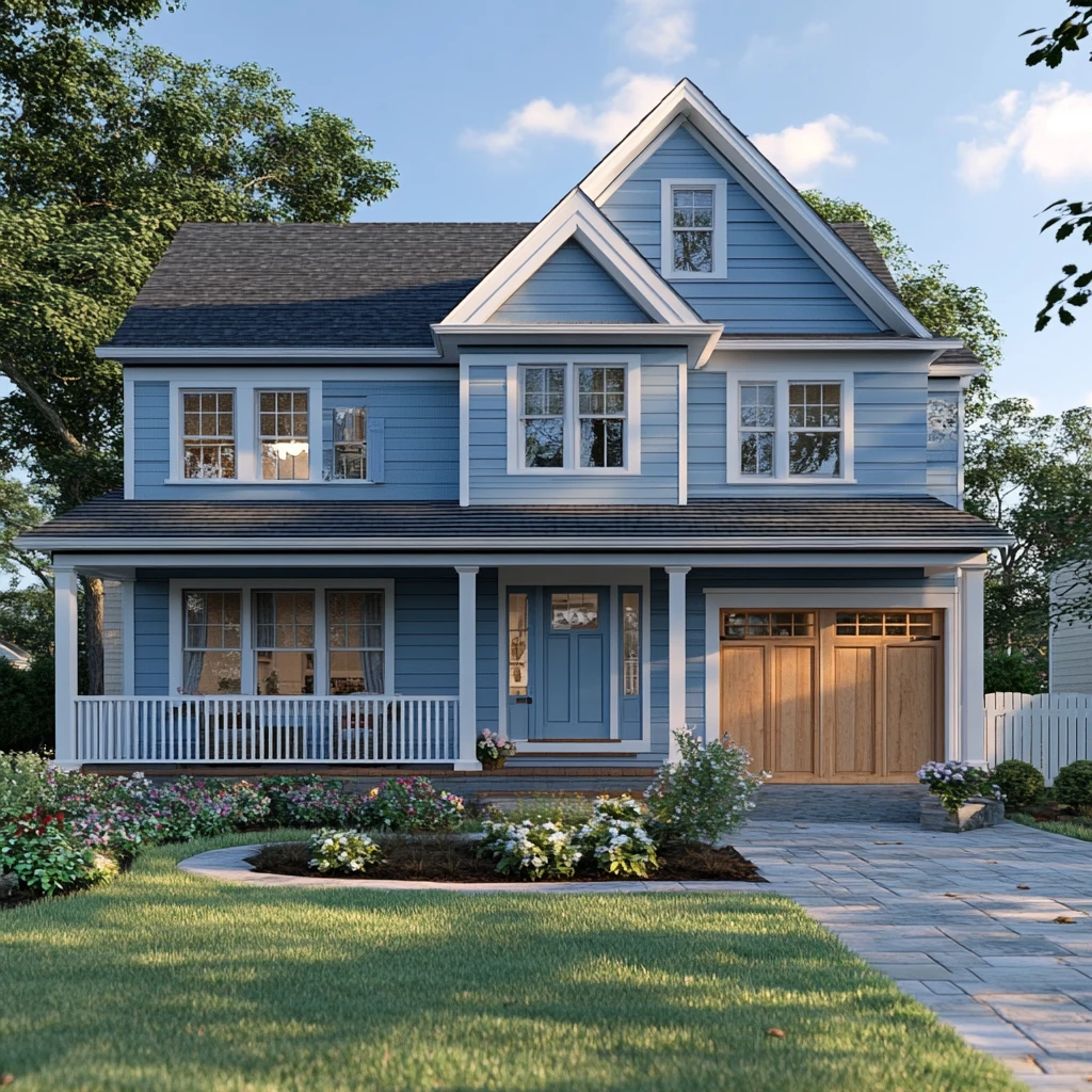 蓝墙白边双层房