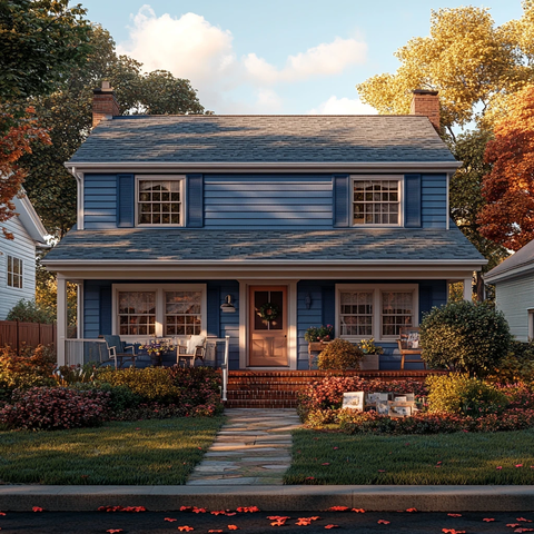 蓝墙白边双层房