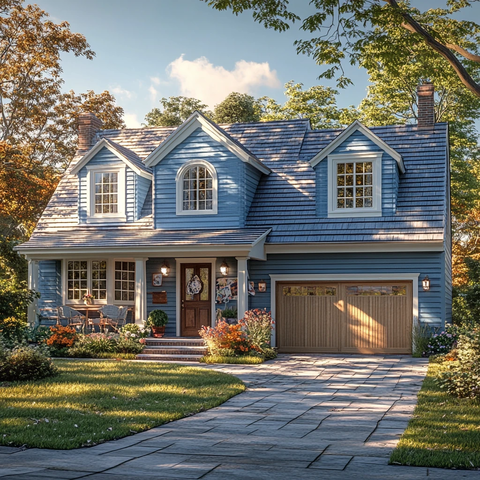 蓝墙白边双层房