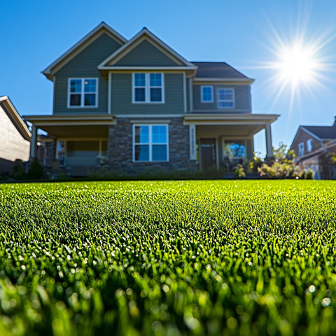 绿色草坪前屋景