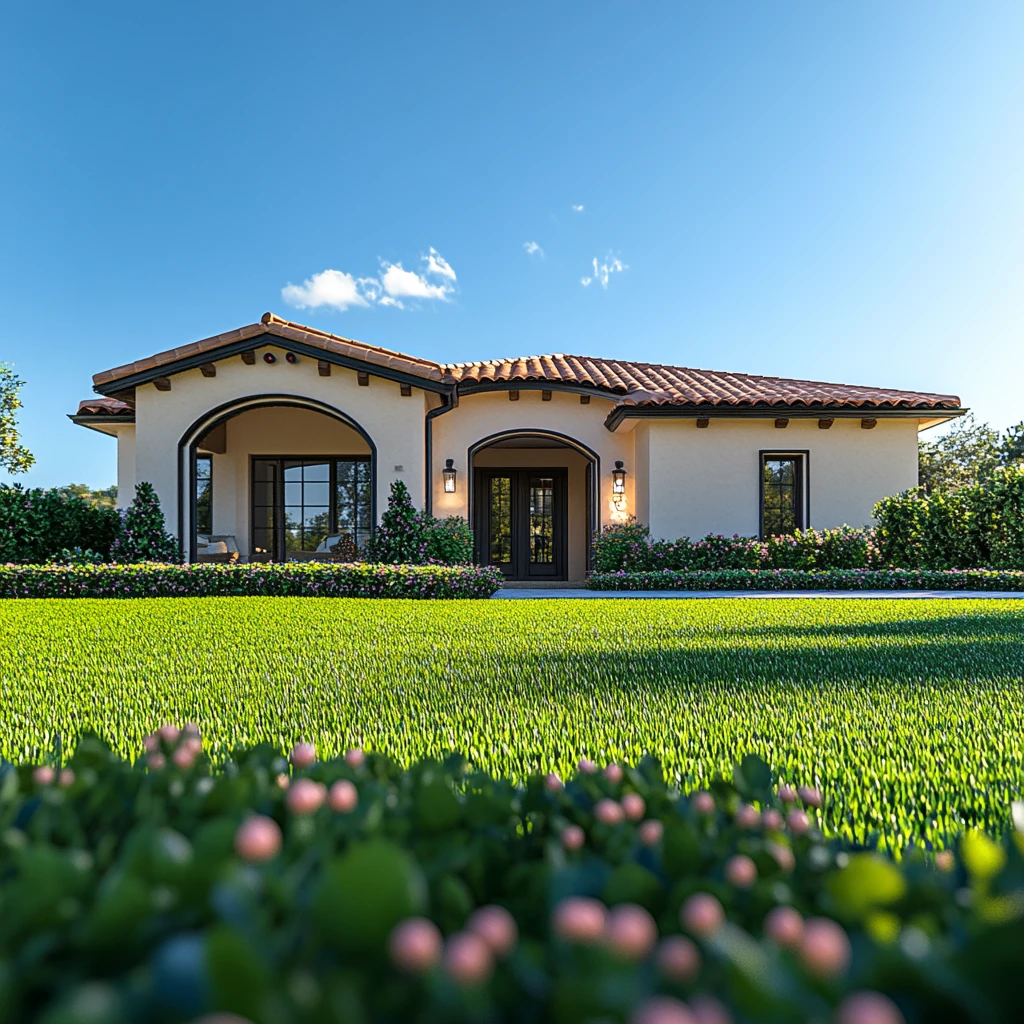 绿色草坪前屋景