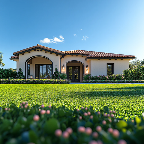 绿色草坪前屋景