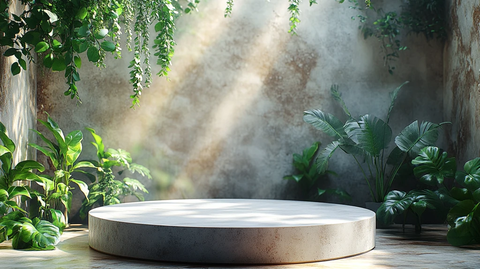 白色石台绿色树叶