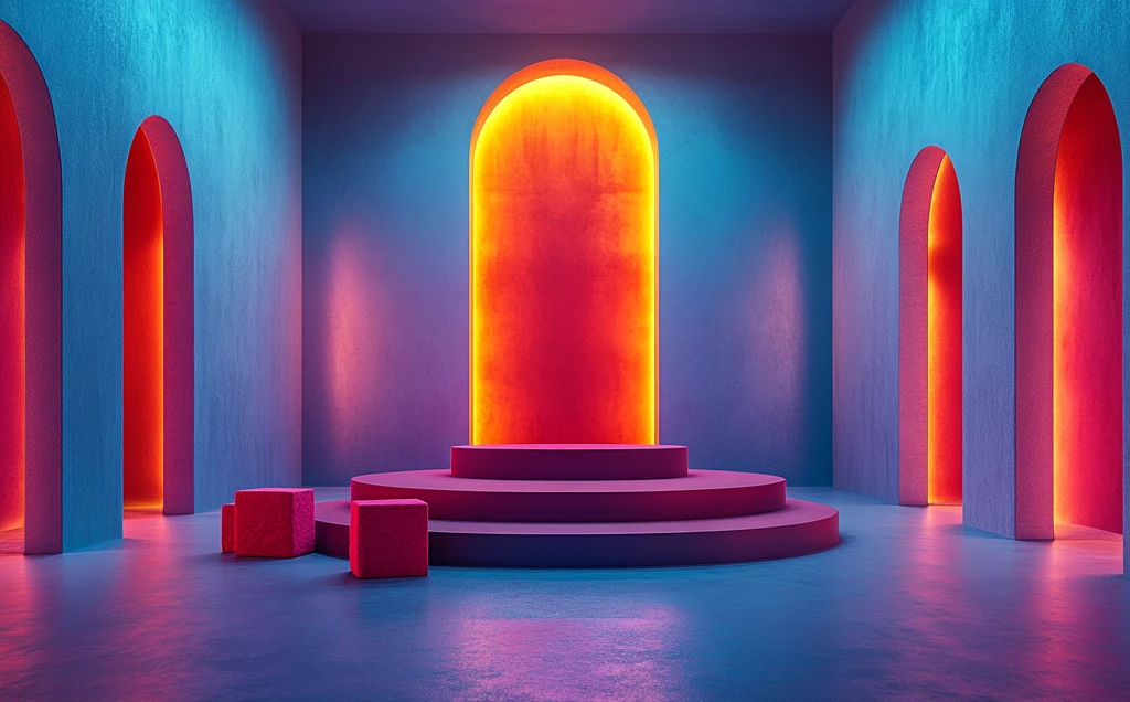 蓝色墙壁红色展台