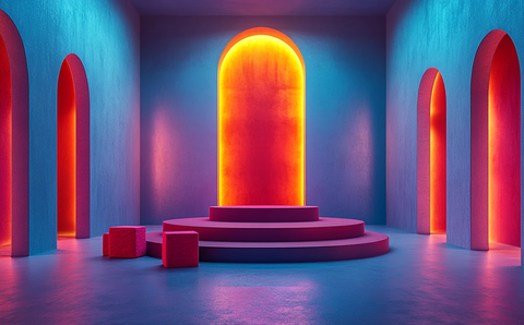 蓝色墙壁红色展台