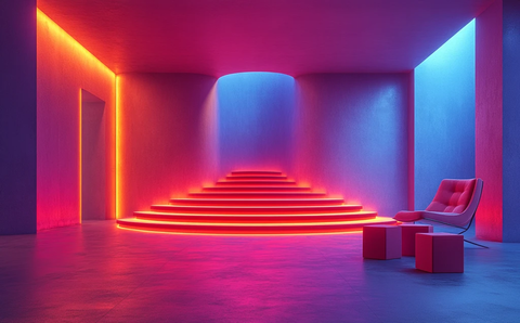 蓝色墙壁红色展台