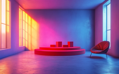 蓝色墙壁红色展台