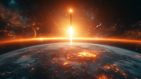 火箭发射飞机飞越地球