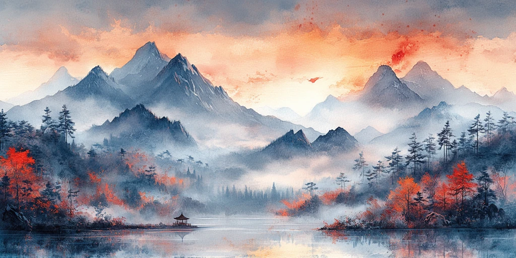 山水画水彩传统山景