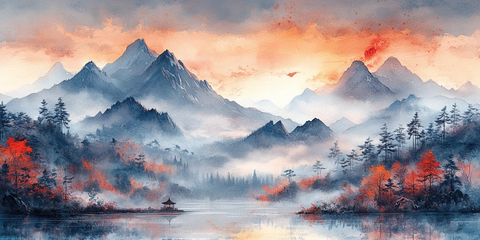 山水画水彩传统山景