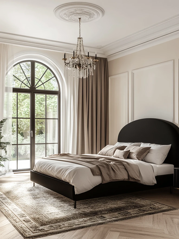 黑色床架白色墙壁