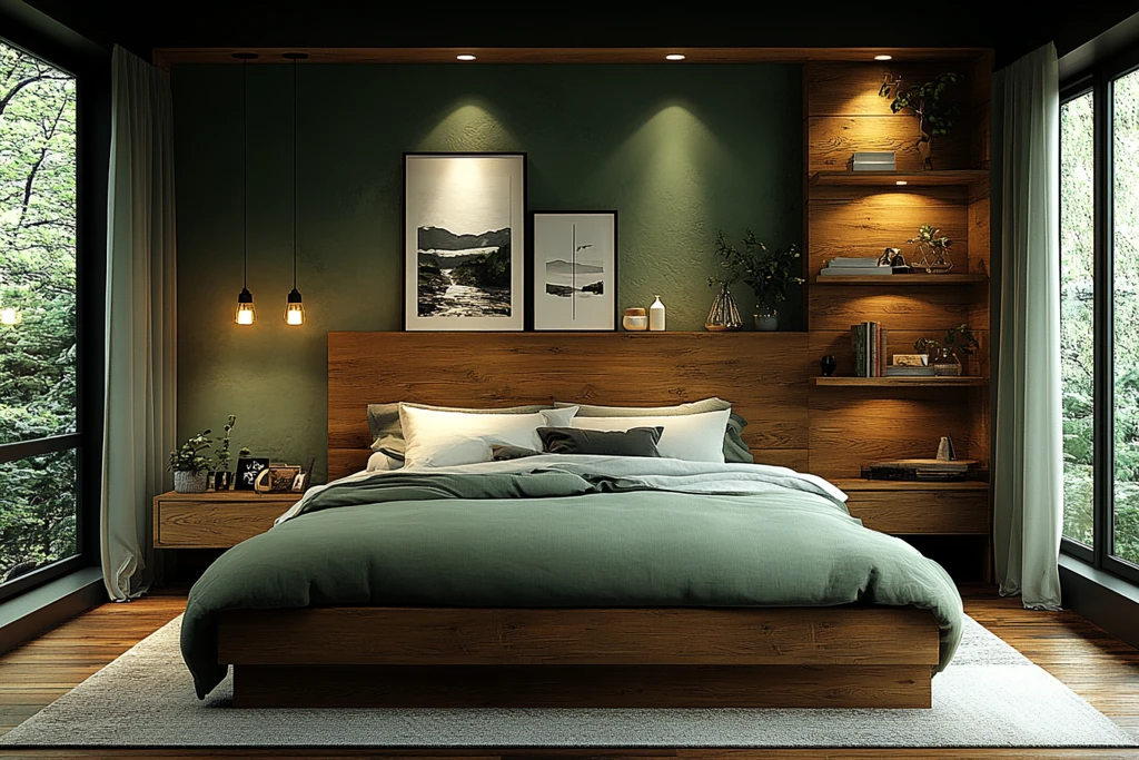 绿墙木床简约卧室