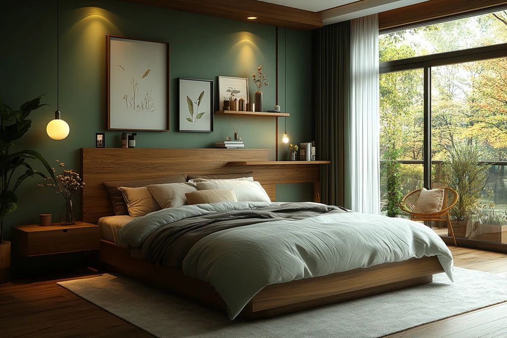 绿墙木床简约卧室
