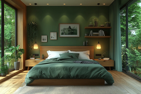绿墙木床简约卧室