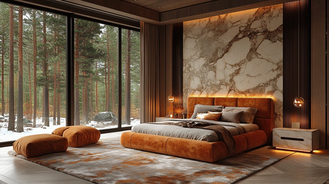 大理石床头铜饰森林窗景