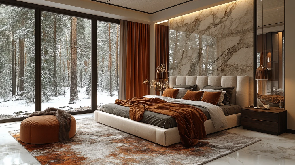 大理石床头铜饰森林窗景