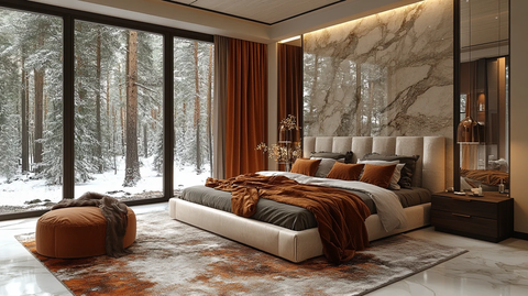 大理石床头铜饰森林窗景