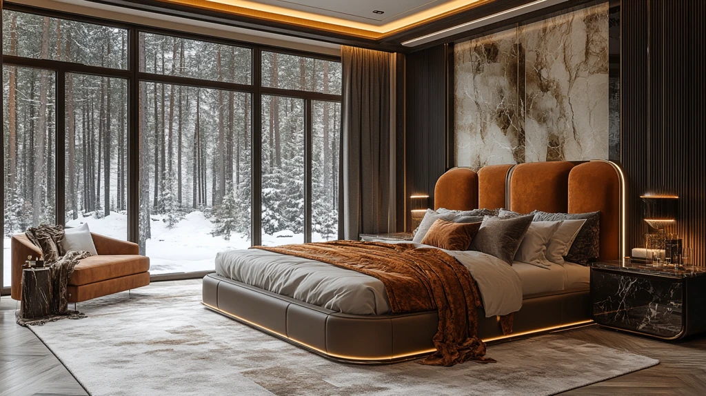 大理石床头铜饰森林窗景