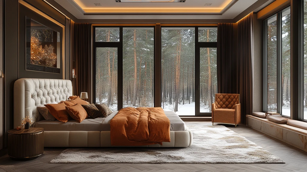 大理石床头铜饰森林窗景