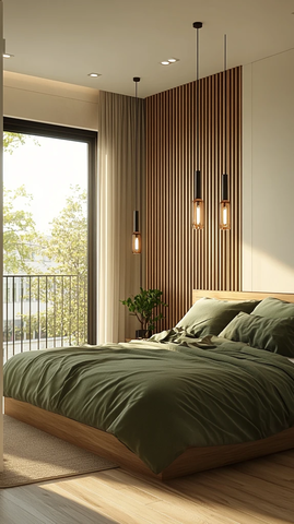 木地板白墙绿床单