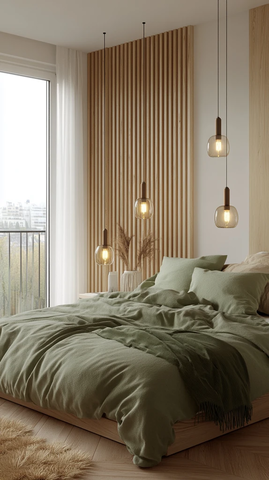 木地板白墙绿床单