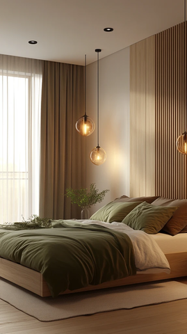 木地板白墙绿床单