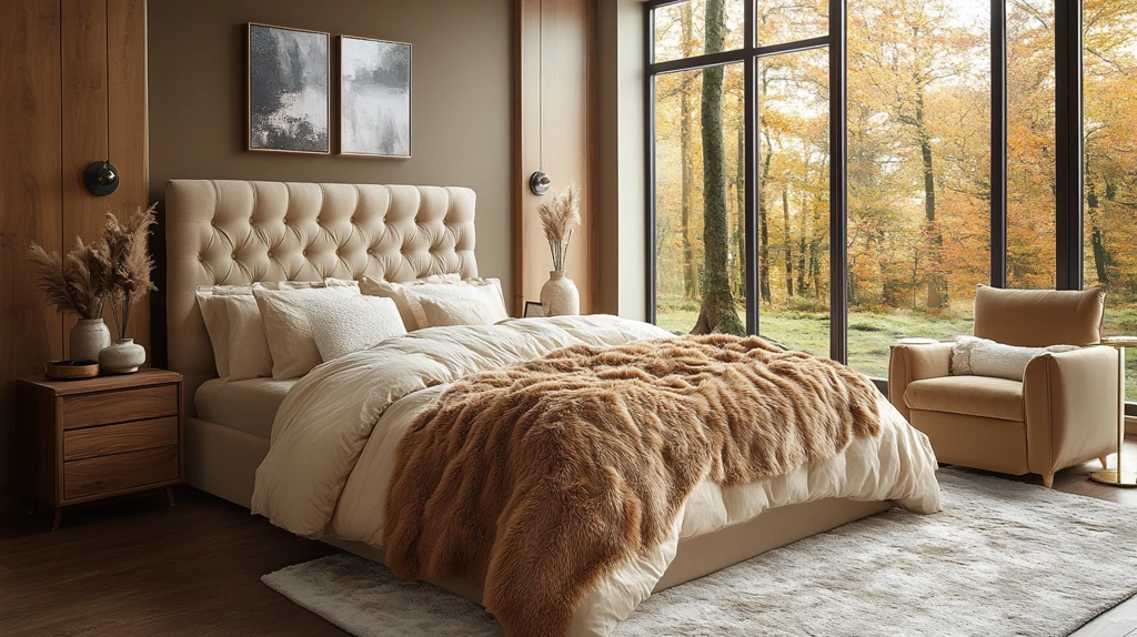 棕毯床铺秋叶景