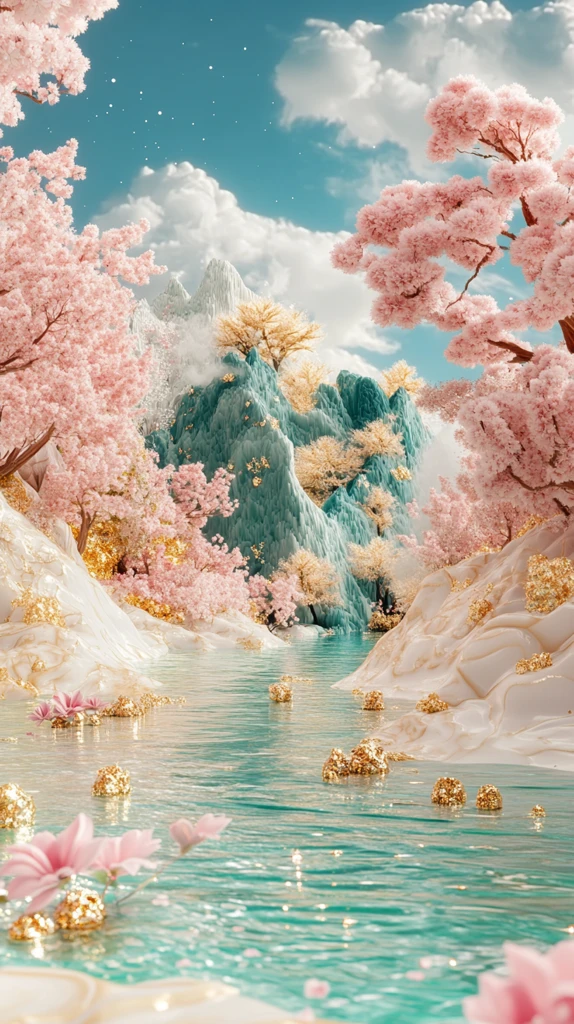 粉色碧波金色山川