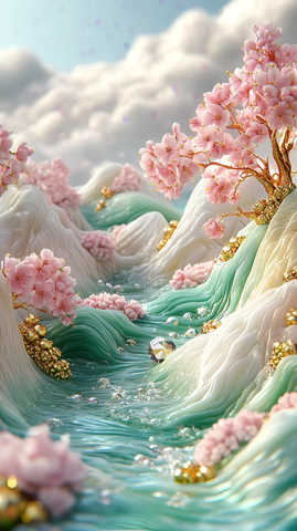 粉色碧波金色山川