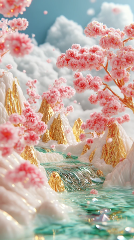 粉色碧波金色山川