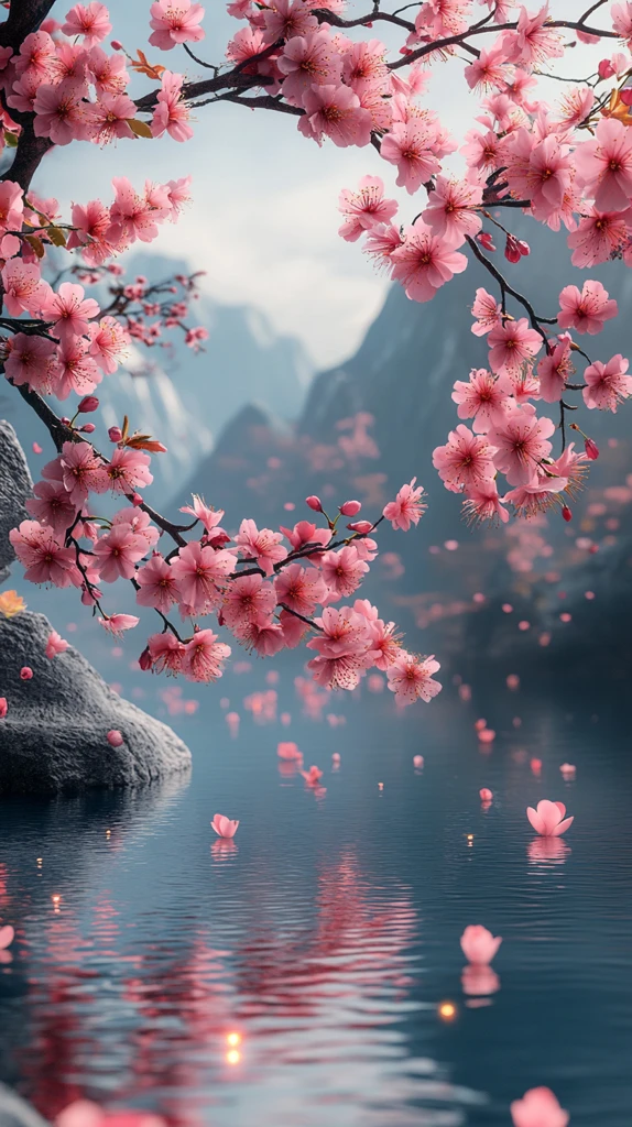 山水樱花玻璃水景