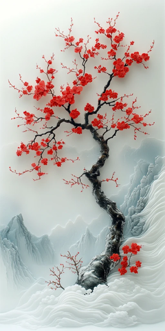 红梅傲雪立枝头