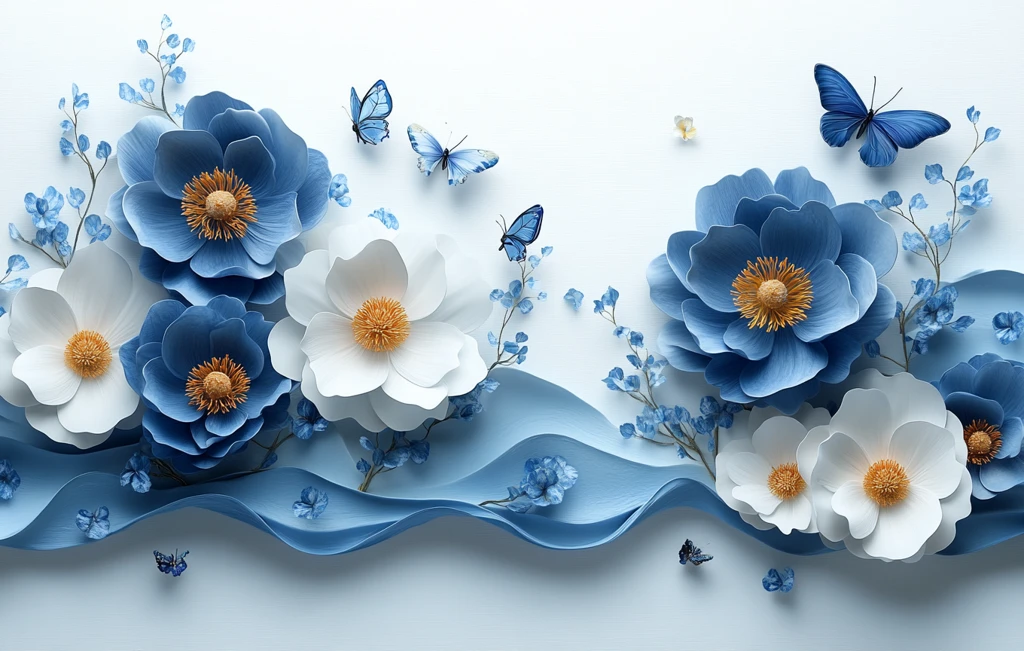 蓝白牡丹蝴蝶图