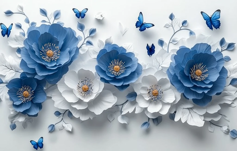 蓝白牡丹蝴蝶图