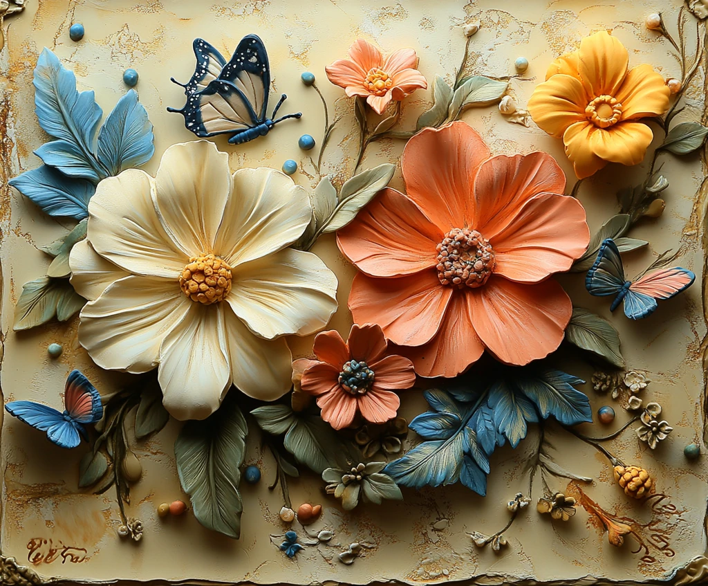 奶油底色花蝶图案