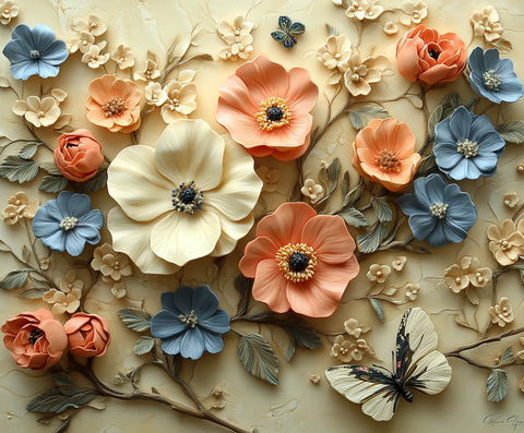 奶油底色花蝶图案