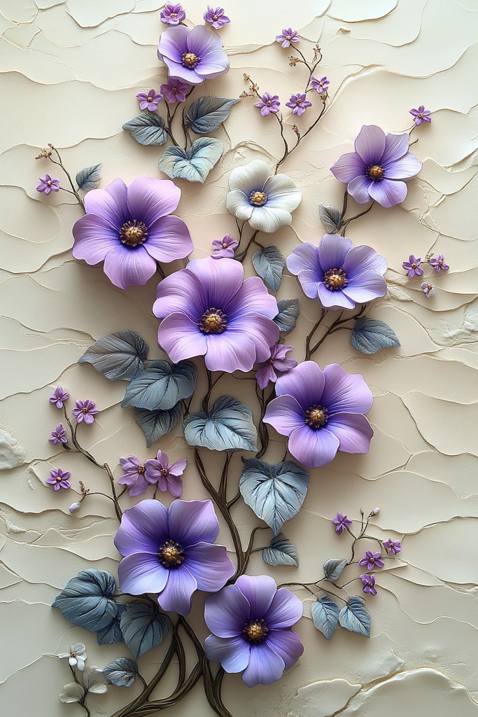 紫牵牛花与雏菊浮雕墙