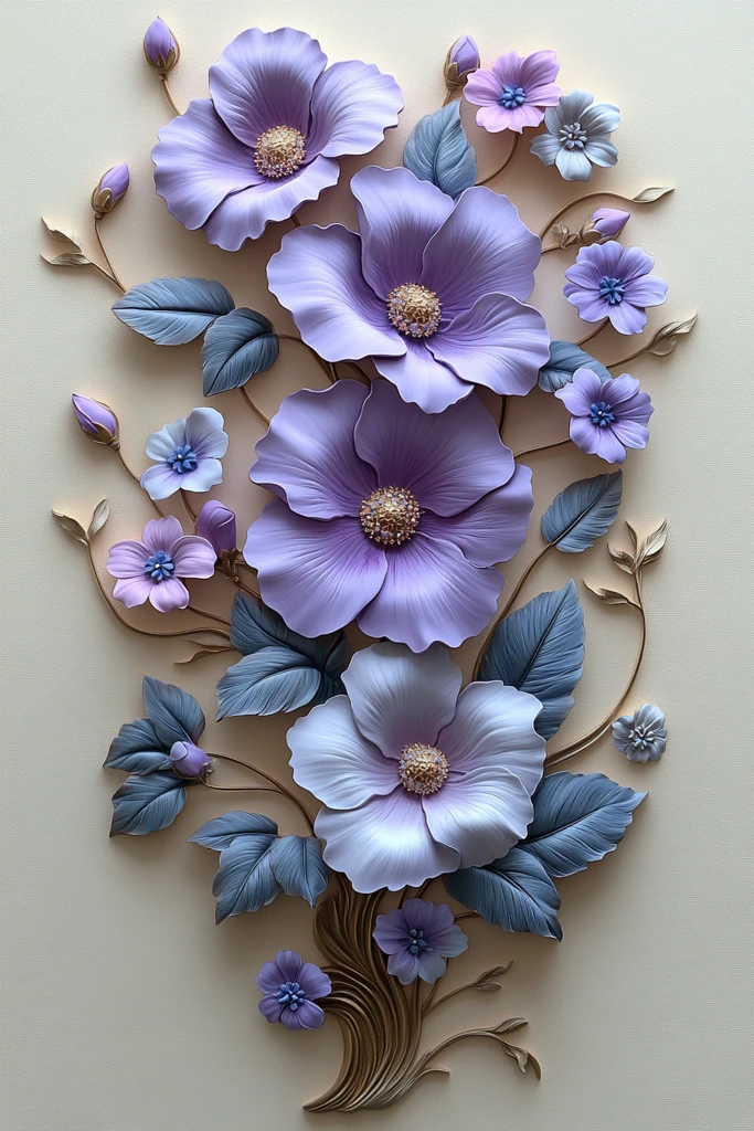 紫牵牛花与雏菊浮雕墙