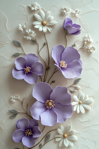 紫牵牛花与雏菊浮雕墙