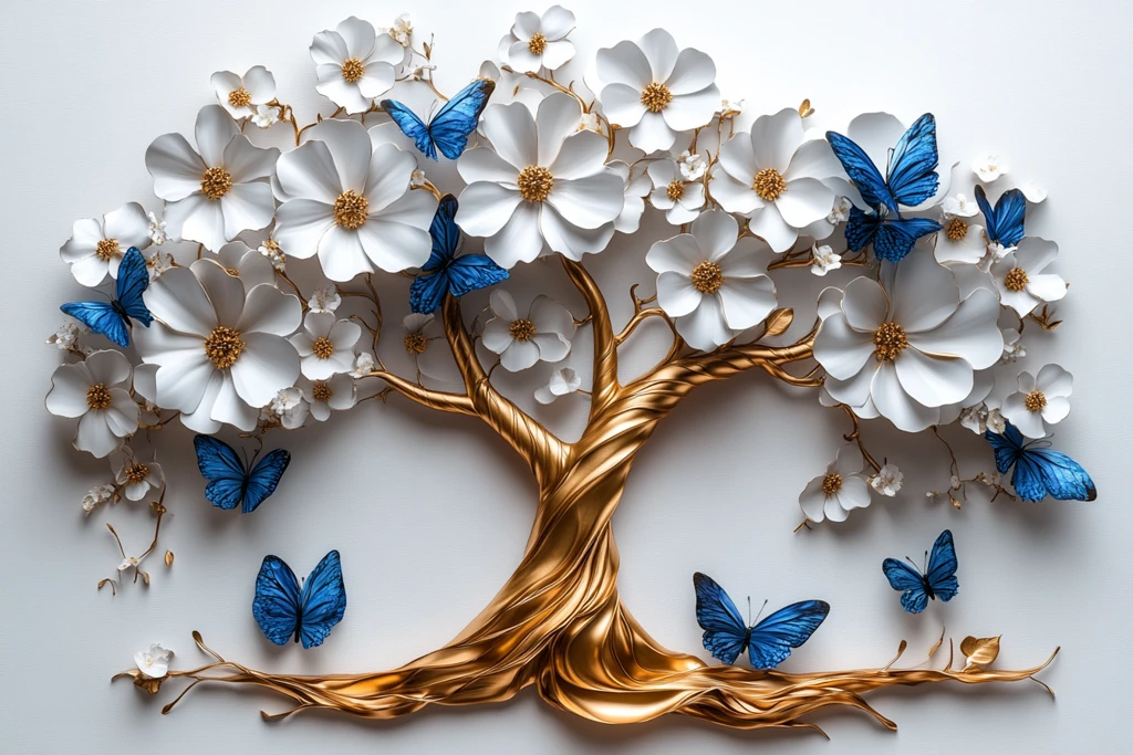 生命树金色白花蓝蝶