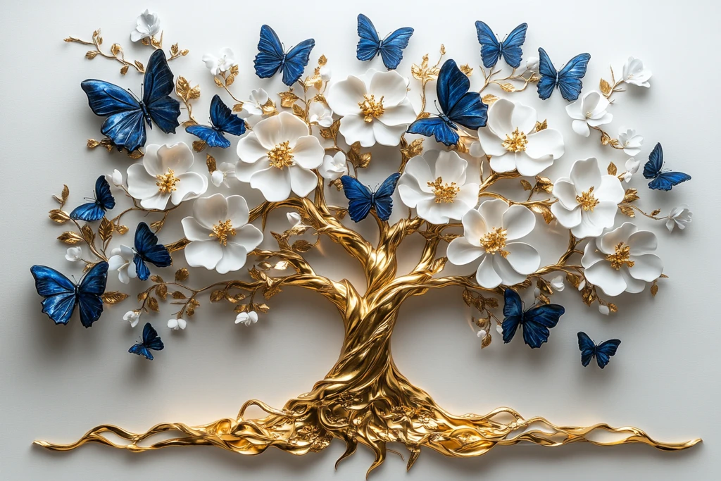 生命树金色白花蓝蝶