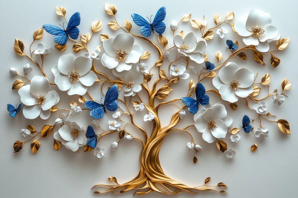 生命树金色白花蓝蝶