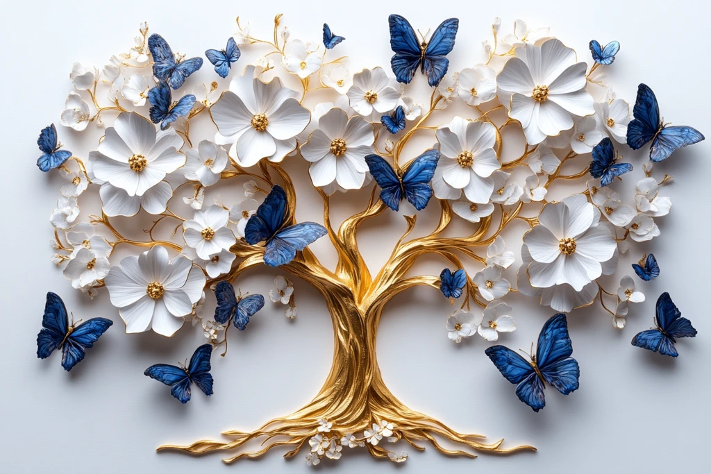 生命树金色白花蓝蝶