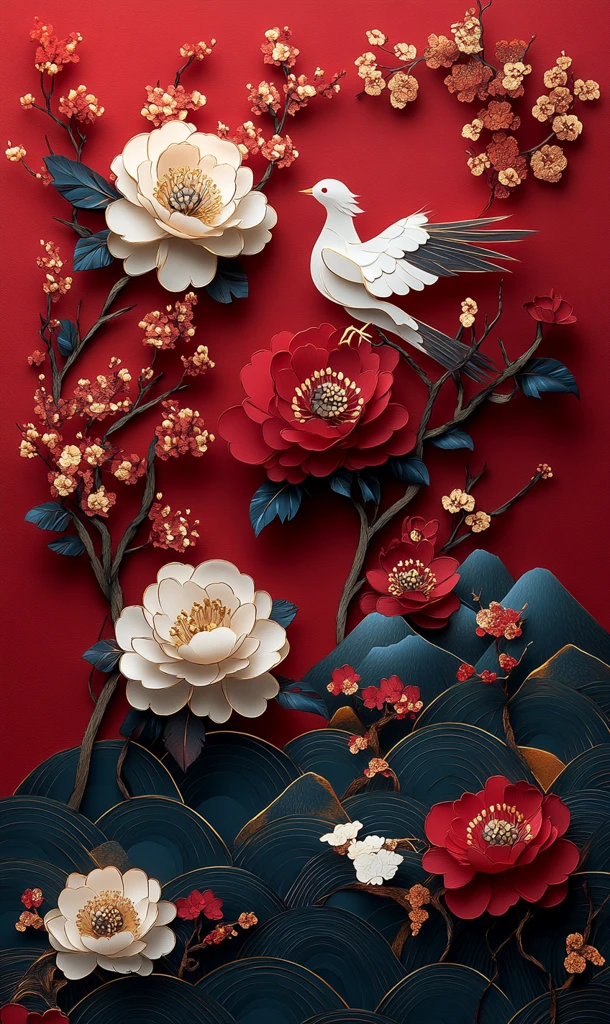 红底金红白牡丹剪纸