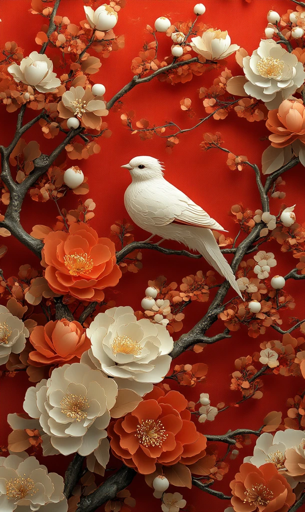 红底金红白牡丹剪纸