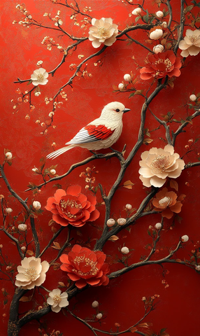 红底金红白牡丹剪纸