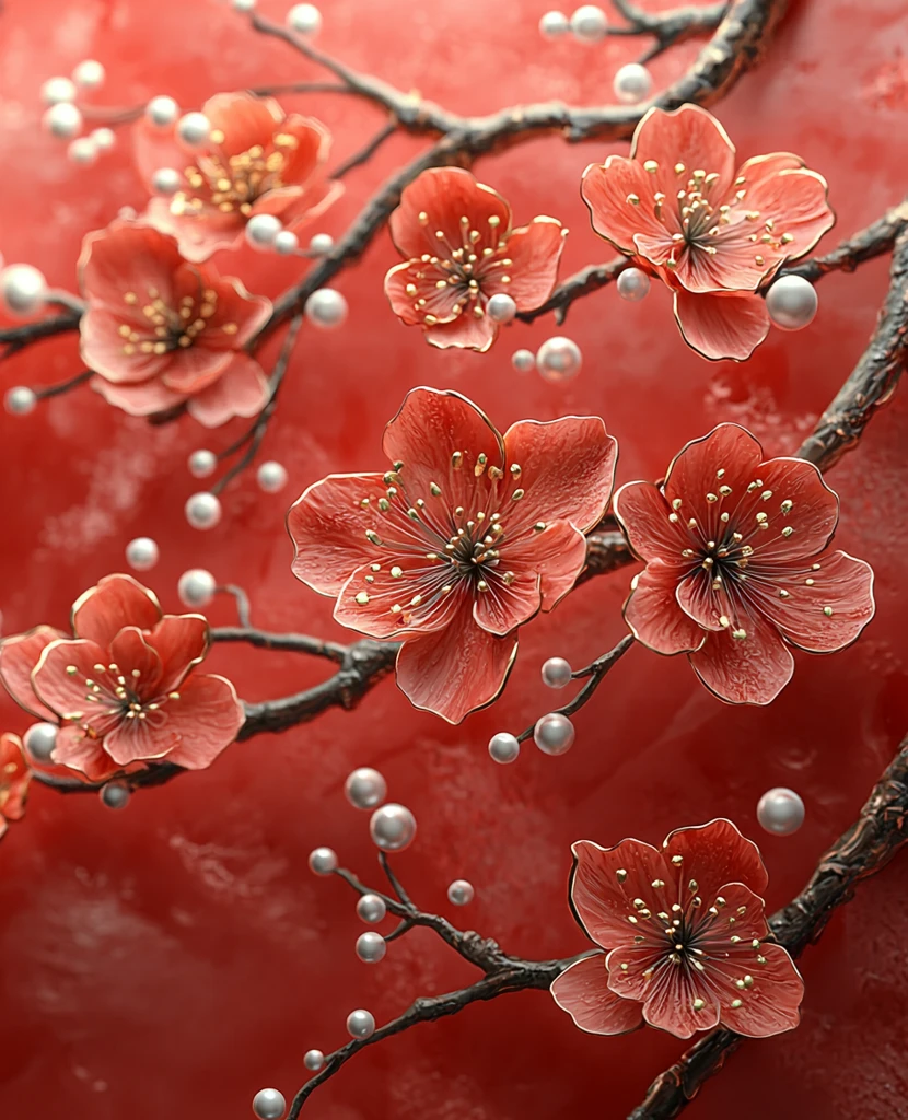 红底桃枝珍珠图