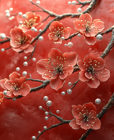 红底桃枝珍珠图