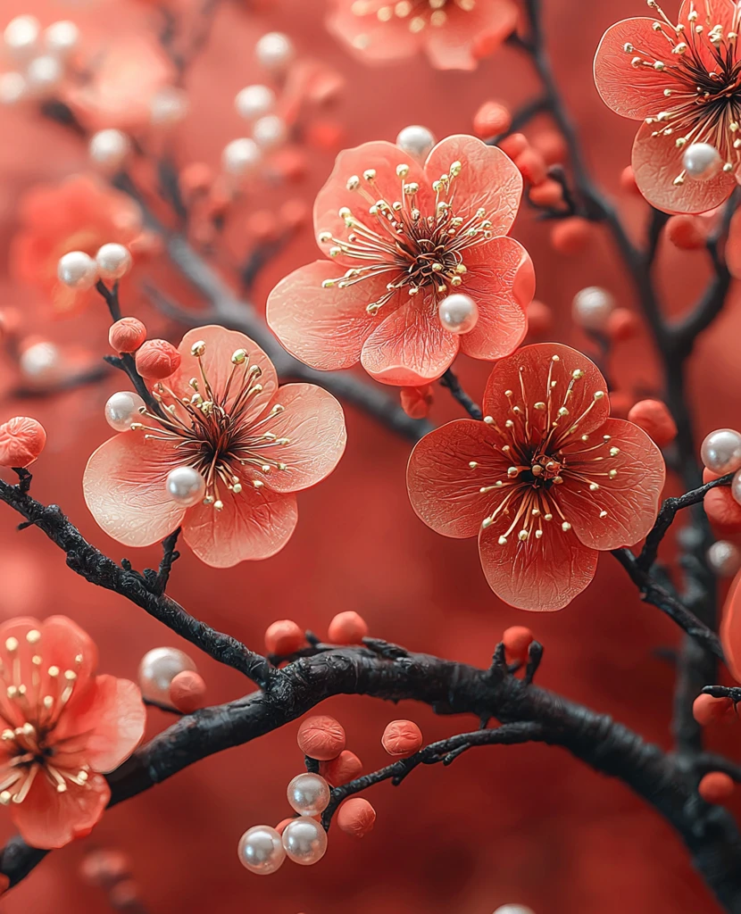 红底桃枝珍珠图